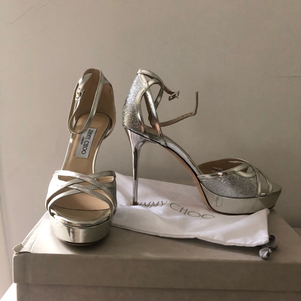 JIMMY CHOO Laurita Leather Glitter Platform Sandal - Picture 8 of 8